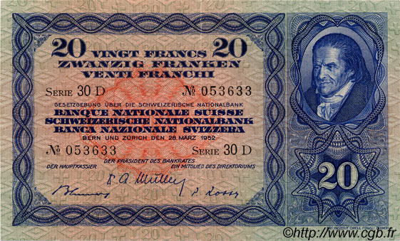 20 Francs SUISSE  1952 P.39t pr.SUP