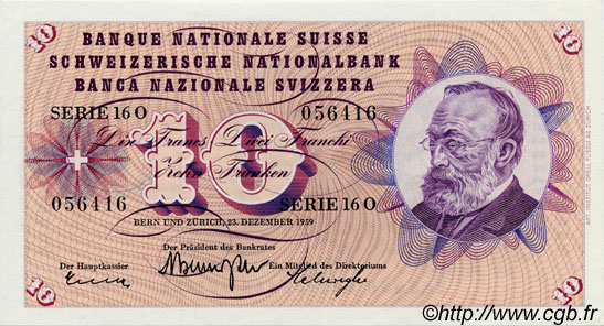 10 Francs SUISSE  1959 P.45e pr.NEUF