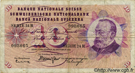 10 Francs SUISSE  1961 P.45g TB