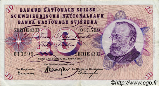 10 Francs SUISSE  1965 P.45j TTB