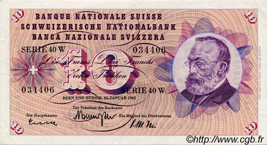 10 Francs SUISSE  1965 P.45j SUP
