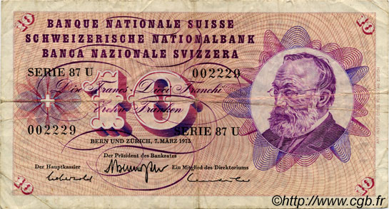 10 Francs SUISSE  1973 P.45r TB