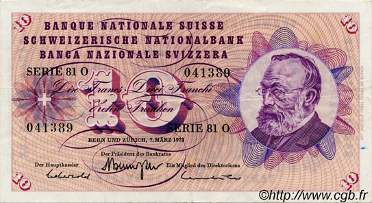 10 Francs SUISSE  1973 P.45r TTB