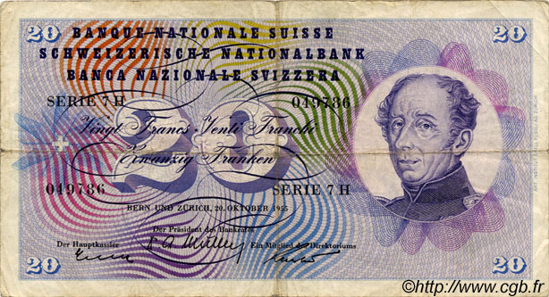 20 Francs SUISSE  1955 P.46c TB