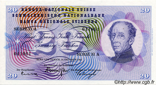 20 Francs SUISSE  1961 P.46i pr.NEUF