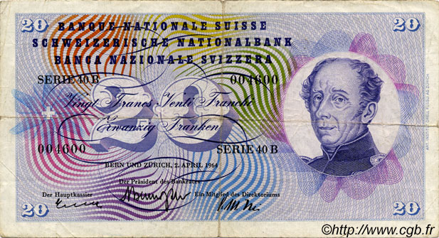 20 Francs SUISSE  1964 P.46k TB