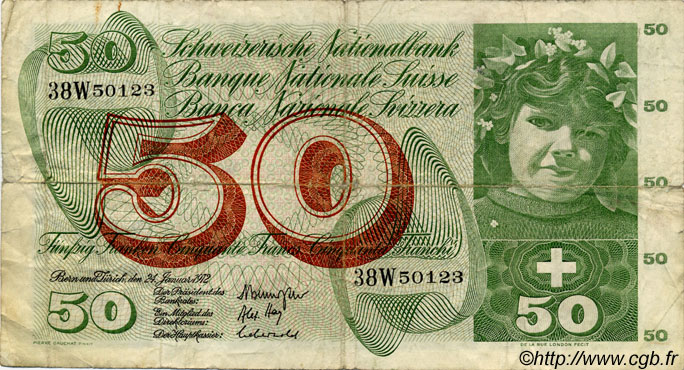 50 Francs SUISSE  1972 P.48l B+