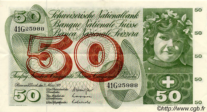 50 Francs SUISSE  1973 P.48m SUP