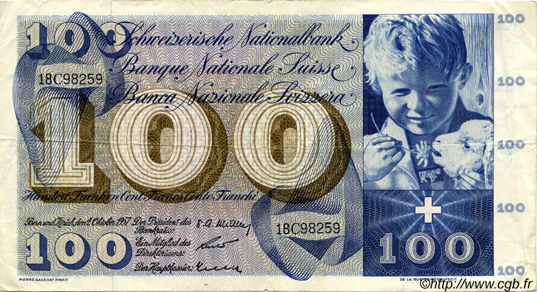 100 Francs SUISSE  1957 P.49b TTB