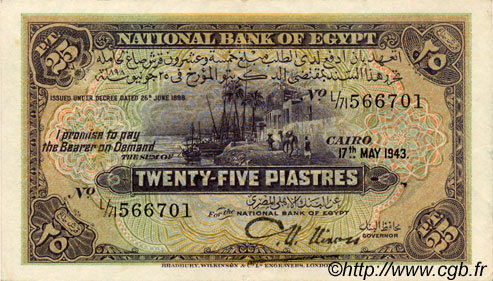 25 Piastres ÉGYPTE  1943 P.010c pr.SUP