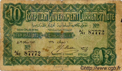 10 Piastres ÉGYPTE  1917 P.160b B
