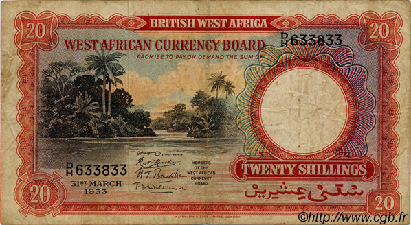 20 Shillings AFRIQUE OCCIDENTALE BRITANNIQUE  1953 P.10a pr.TB