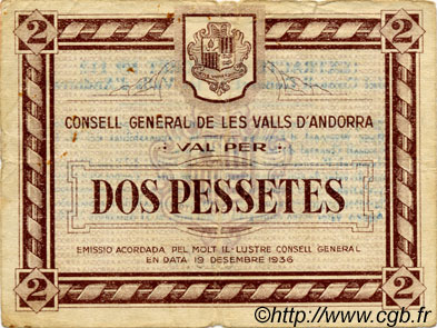 2 Pessetes ANDORRE  1936 P.07 TB