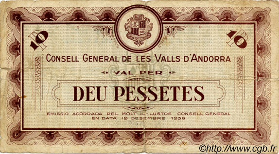 10 Pessetes ANDORRE  1936 P.09 B+