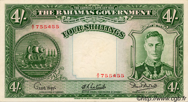 4 Shillings BAHAMAS  1936 P.09e TTB