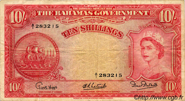 10 Shillings BAHAMAS  1953 P.14a TB à TTB