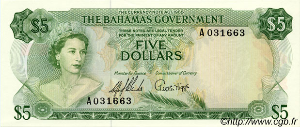5 Dollars BAHAMAS  1965 P.20a pr.NEUF
