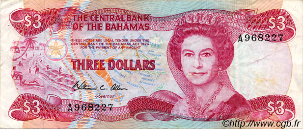 3 Dollars BAHAMAS  1984 P.44a TTB