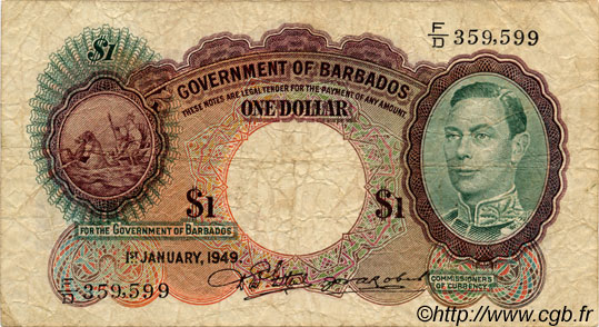 1 Dollar BARBADE  1949 P.02c pr.TB