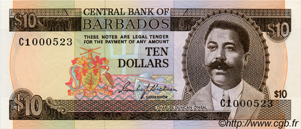 10 Dollars BARBADE  1973 P.33a pr.NEUF