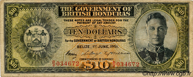 10 Dollars HONDURAS BRITANNIQUE  1951 P.27c pr.TB