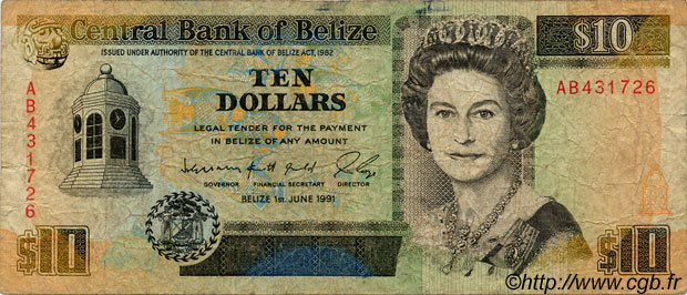 10 Dollars BELIZE  1991 P.54b B+