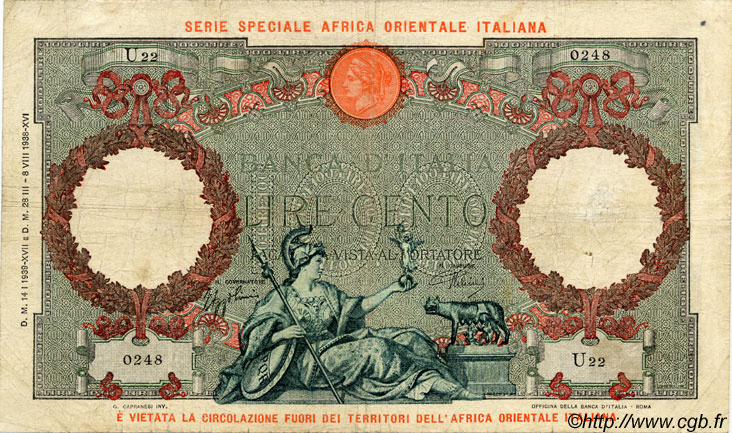 100 Lire AFRIQUE DE L EST ITALIENNE  1939 P.02b TB