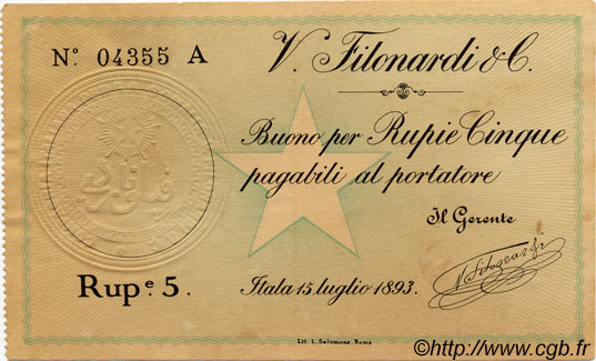 5 Rupias ITALIE  1893 P.0001 SUP