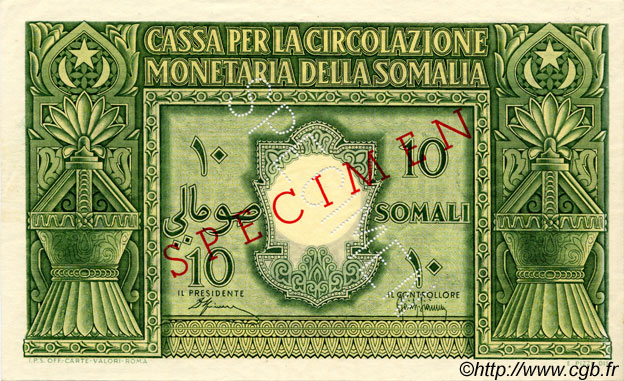 10 Somali Spécimen ITALIE  1950 P.13s SPL