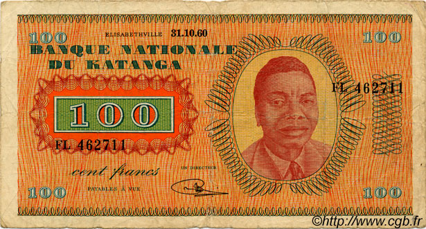100 Francs KATANGA  1960 P.08a B+