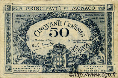 50 Centimes MONACO  1920 P.03a pr.TTB