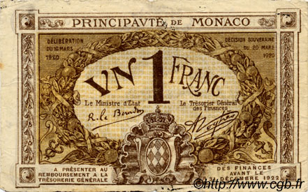 1 Franc MONACO  1920 P.04b TB+