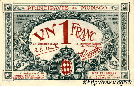 1 Franc MONACO  1920 P.05 SPL+