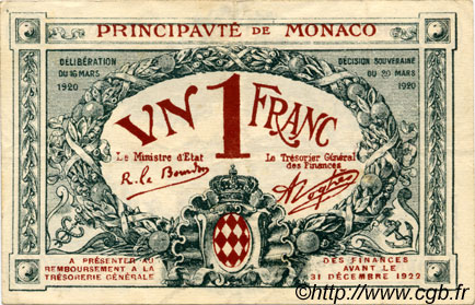 1 Franc MONACO  1920 P.05 TTB+