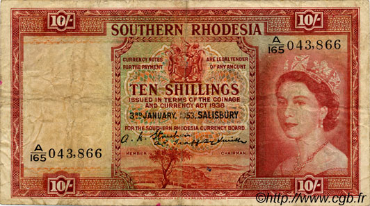 10 Shillings RHODÉSIE DU SUD  1953 P.12b pr.TB