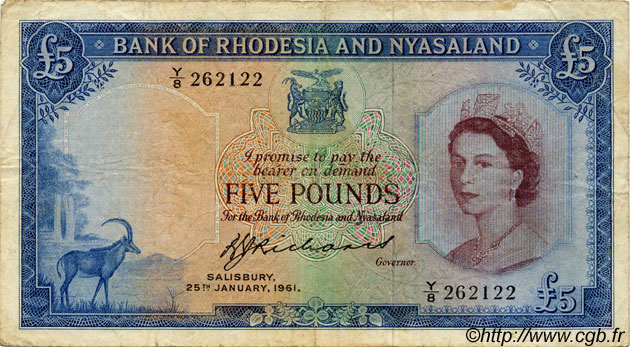 5 Pounds RHODÉSIE ET NYASSALAND  1960 P.22b TB
