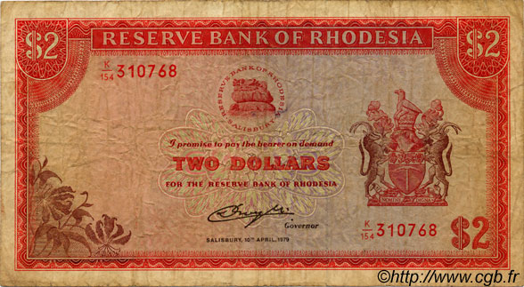 2 Dollars RHODÉSIE  1979 P.35d B+