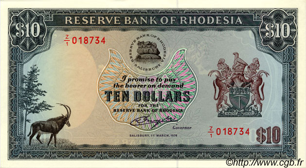 10 Dollars RHODÉSIE  1976 P.37a pr.NEUF