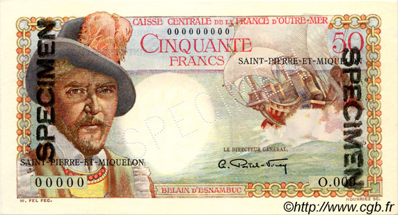 50 Francs Belain d Esnambuc Spécimen SAINT PIERRE ET MIQUELON  1946 P.25s pr.NEUF