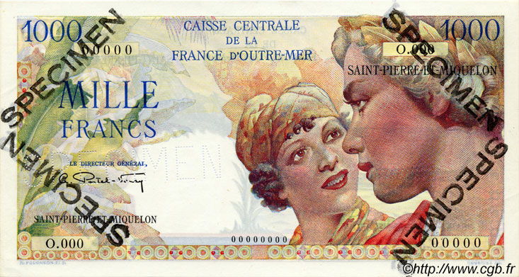 1000 Francs Union Française Spécimen SAINT PIERRE ET MIQUELON  1946 P.28s pr.NEUF