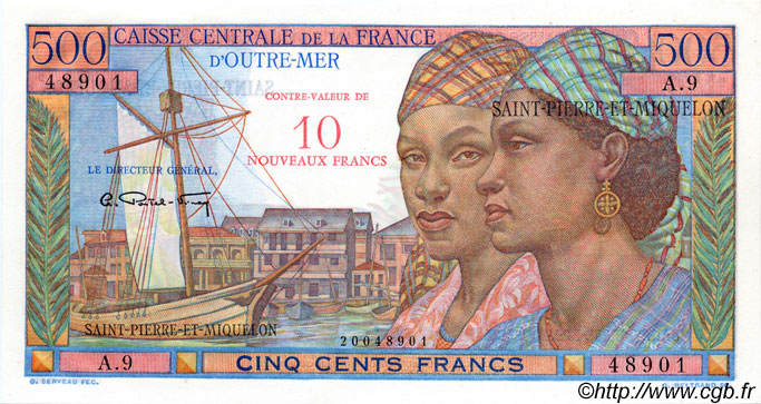 10 NF sur 500 Francs Pointe à Pitre SAINT PIERRE ET MIQUELON  1960 P.33 NEUF