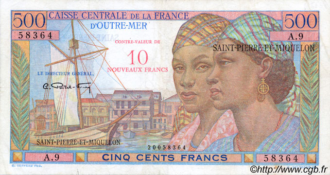 10 NF sur 500 Francs Pointe à Pitre SAINT PIERRE ET MIQUELON  1960 P.33 TTB