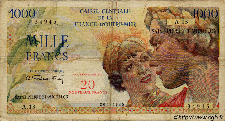 20 NF sur 1000 Francs Union Française SAINT PIERRE ET MIQUELON  1960 P.34 B+