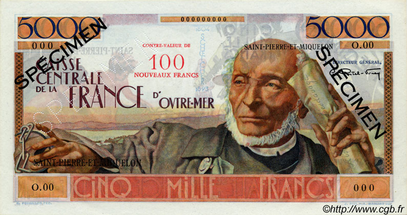 100 NF sur 5000 Francs Schoelcher Spécimen SAINT PIERRE ET MIQUELON  1960 P.35s pr.NEUF