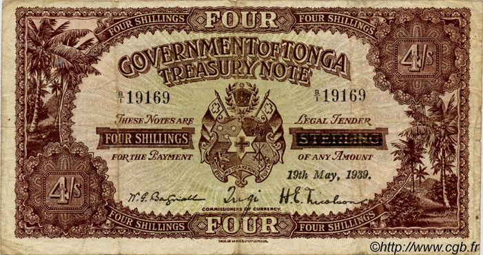4 Shillings TONGA  1939 P.05 TB+