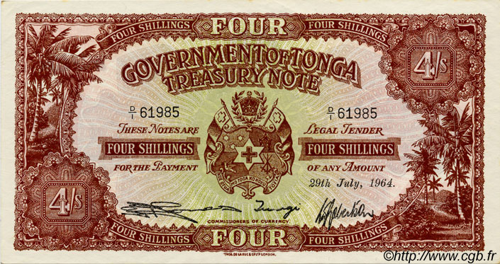 4 Shillings TONGA  1964 P.09 pr.SPL