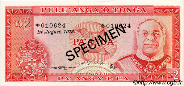2 Pa anga Spécimen TONGA  1978 P.20s - CS1 NEUF