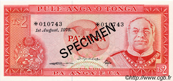 2 Pa anga Spécimen TONGA  1978 P.20s - CS1 NEUF