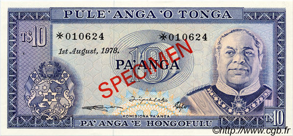 10 Pa anga Spécimen TONGA  1978 P.22s - CS1 pr.NEUF