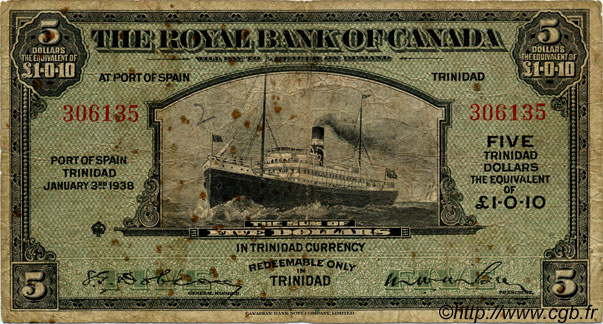 5 Dollars TRINIDAD et TOBAGO  1938 PS.161 B+
